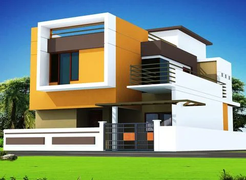 3D rendering of a duplex house exterior design with orange color components イラスト素材