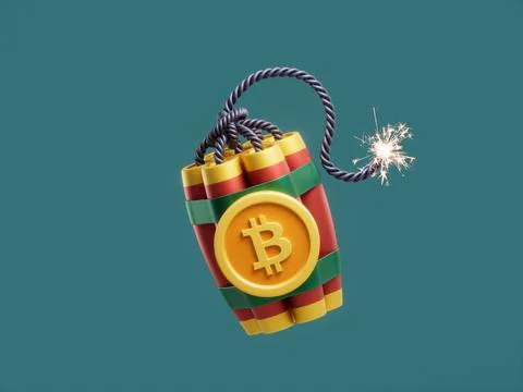 3D rendering of a dynamite bomb with coin cryptocurrency on a blue background Stock Illustration