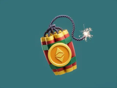 3D rendering of a dynamite bomb with coin cryptocurrency on a blue background Stock Illustration