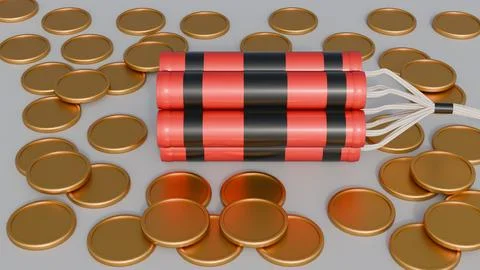 A 3d rendering of dynamite bundle surrounded by falling gold coins. Illustrazione stock