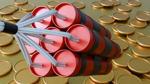 A 3d rendering of dynamite bundle surrounded by falling gold coins. Stock Illustration