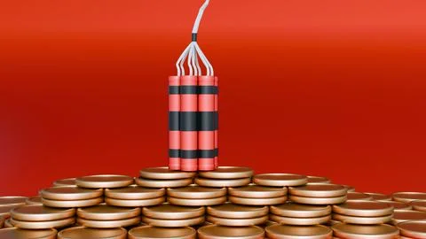 A 3d rendering of dynamite bundle surrounded by falling gold coins. Illustrazione stock