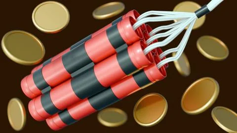 A 3d rendering of dynamite bundle surrounded by falling gold coins. Illustrazione stock