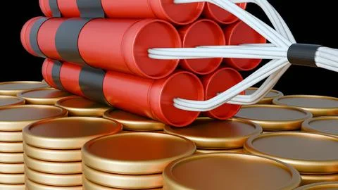 A 3d rendering of dynamite bundle surrounded by falling gold coins. Illustrazione stock
