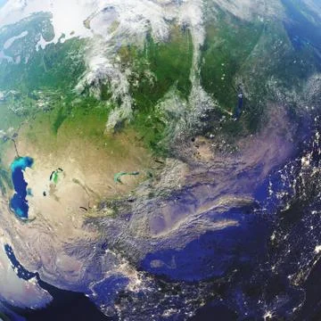 3D rendering Earth close-up view, top view. Near Space. Planet earth from the Stock Illustration