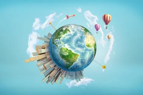 3d rendering of Earth globe with office skyscrapers, traffic and road signs Stock Illustration