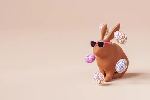 3D rendering of Easter bunny with eggs in sunglasses Stock Illustration