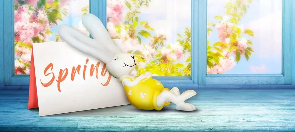 3D rendering of Easter composition with a bunny leaning on spring card on the wi Stock Photos