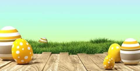 3d rendering of easter eggs on wood with grass and sky in the back Stock Illustration