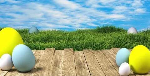 3d rendering of easter eggs on wood with grass and sky in the back Stock Illustration
