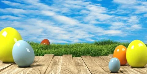 3d rendering of easter eggs on wood with grass and sky in the back Stock Illustration