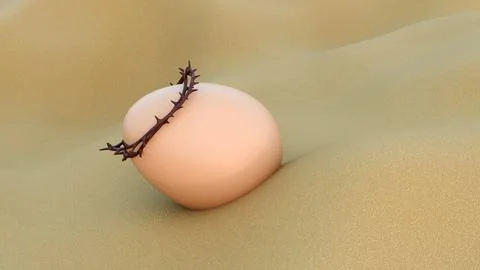 A 3d rendering egg with  dark crown of thorns sits in a desert-like landscape Stock Illustration