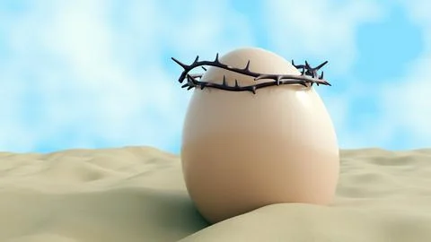 A 3d rendering egg with  dark crown of thorns sits in a desert-like landscape Stock Illustration