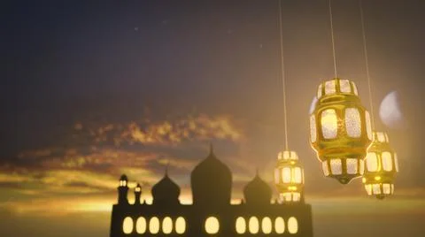 3d rendering Eid Mubarak Ramadan  art night mosque and crescent decorations Stock Illustration