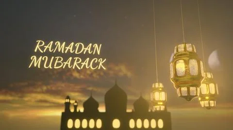 3d rendering Eid Mubarak Ramadan  art night mosque and crescent decorations Stock Illustration