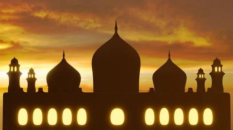 3d rendering Eid Mubarak Ramadan  art night mosque and crescent decorations Stock Illustration