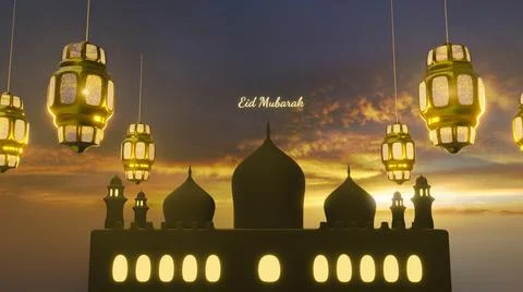 3d rendering Eid Mubarak Ramadan  art night mosque and crescent decorations Stock Illustration