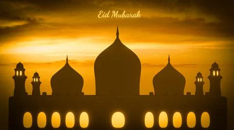 3d rendering Eid Mubarak Ramadan  art night mosque and crescent decorations Stock Illustration