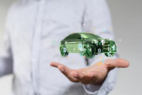 A 3d rendering of Electro car hologram floating on hand-Electromobility e-mot Foto stock