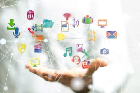 3D rendering of electronic icons floating over hand- Big data visualization conc Stock Photos