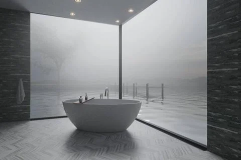 3d rendering of elegant bathroom with freestanding bathtub in front of bea... Stock Photos