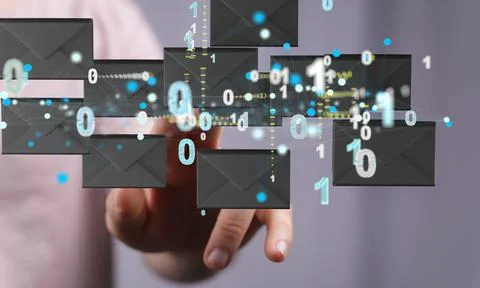 3D rendering of email icons and binary codes with hand tapping on it. Online 写真素材
