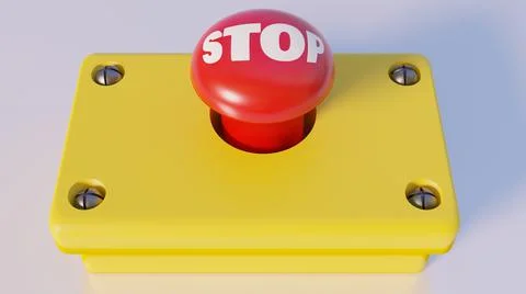 3D rendering of an emergency stop button with large STOP inscription and plenty Stock-Illustration