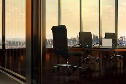 3D rendering of an empty Boardroom in Office Building, with view of New York Ilustración de archivo