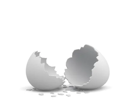 3d rendering of an empty cracked chicken egg with a white shell and several Stock Illustration