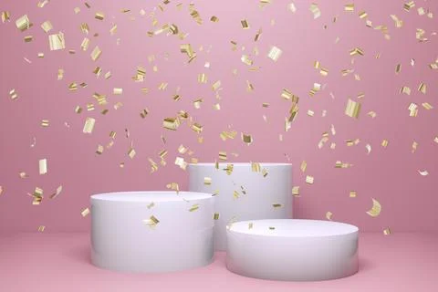 3D rendering of empty display stand with sparkling golden confetti. Blank pro Stock Illustration