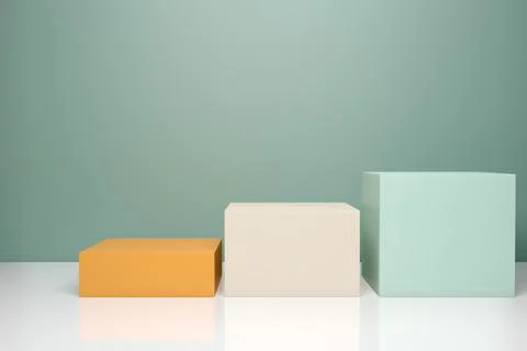 3D rendering of empty display stand. Blank product shelf standing backdrop. Stock Photos