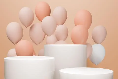 3D rendering of empty display stand with air balloons. Blank product shelf st Stock Photos