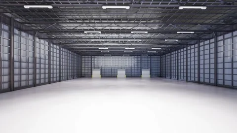 3d rendering empty factory interior fully enclosed with rolling shutter door Stock Footage 338279178