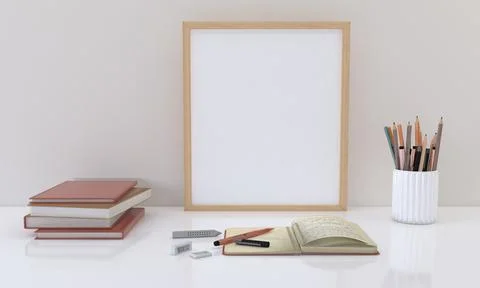 A 3D rendering of an empty frame for your images/text/art next to a books and Stock Illustration