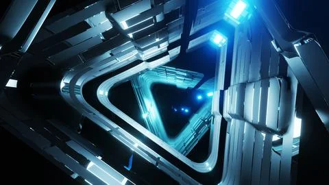 3D rendering empty futuristic neon space station tunnel hall Stock Photos