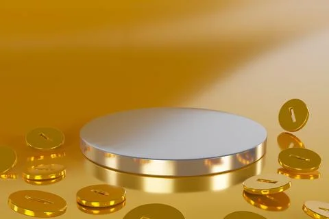 3D rendering Empty gold cylinder podium on golden background. Abstract minima Stock Illustration