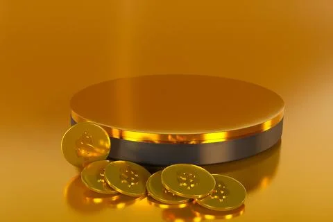 3D rendering Empty gold cylinder podium on golden background. Abstract mini.. Stock Illustration