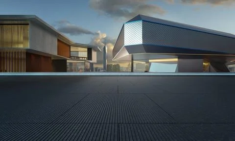 3D rendering empty ground with modern buildings and city skyline in backgroun Stock Photos