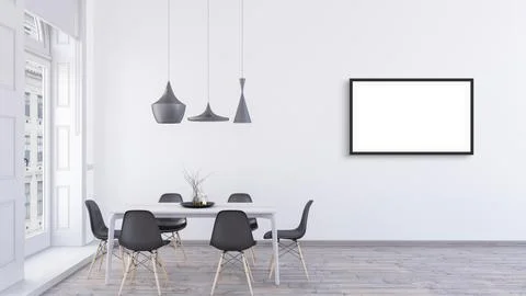 3d rendering of empty horizontal black frame mock up design in a bright dining Stock Illustration