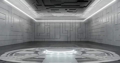 3d rendering. Empty light studio room futuristic Sci Fi big hall room with li Stock Illustration