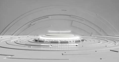 3d rendering. Empty light white studio room futuristic Sci Fi big hall room w Stock Illustration