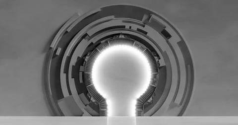 3d rendering. Empty light white studio room futuristic Sci Fi big hall room w Stock Illustration