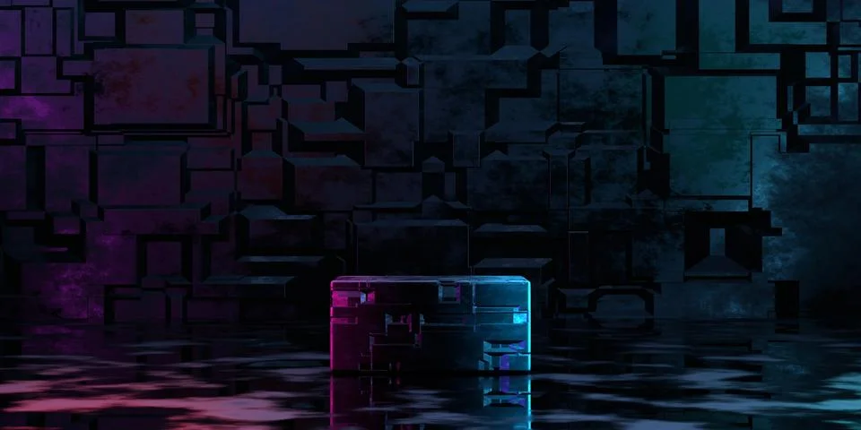 3d rendering empty metal podium with blue and purple neon light for product.. Stock Illustration