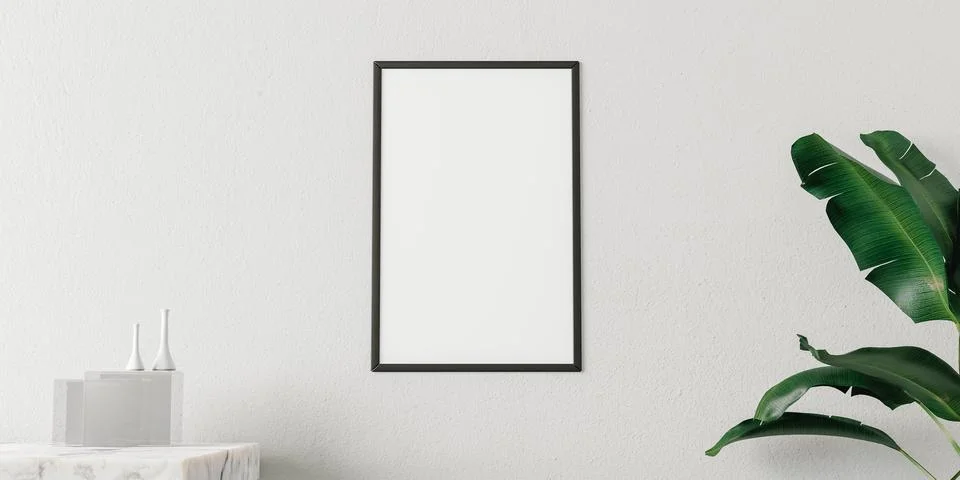 3D rendering of empty photo frame placed hung on a wall 스톡 일러스트