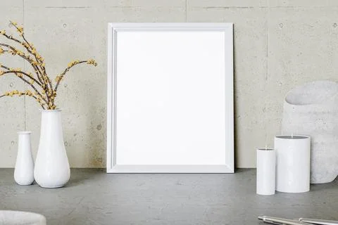3D rendering of empty photo frame placed on table 스톡 일러스트