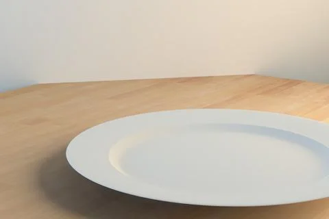 3d rendering of an empty plate on a wood table Illustrazione stock