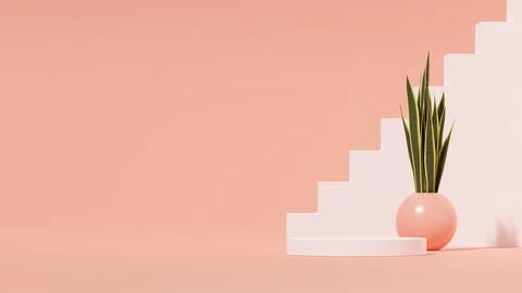 3D rendering of an empty product display podium and a beautiful green plant Illustrazione stock