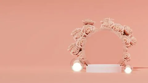 3D rendering of an empty product display podium and beautiful flowers Stock Illustration