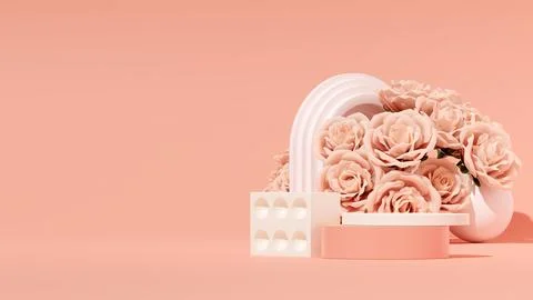 3D rendering of an empty product display podium and beautiful flowers Stock Illustration