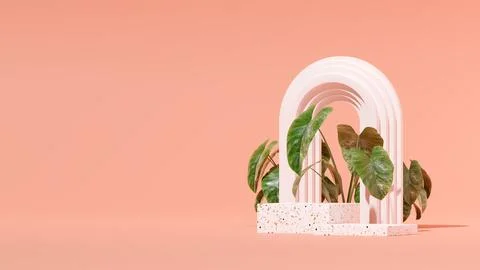 3D rendering of an empty product display podium and a beautiful green plant Stock Illustration